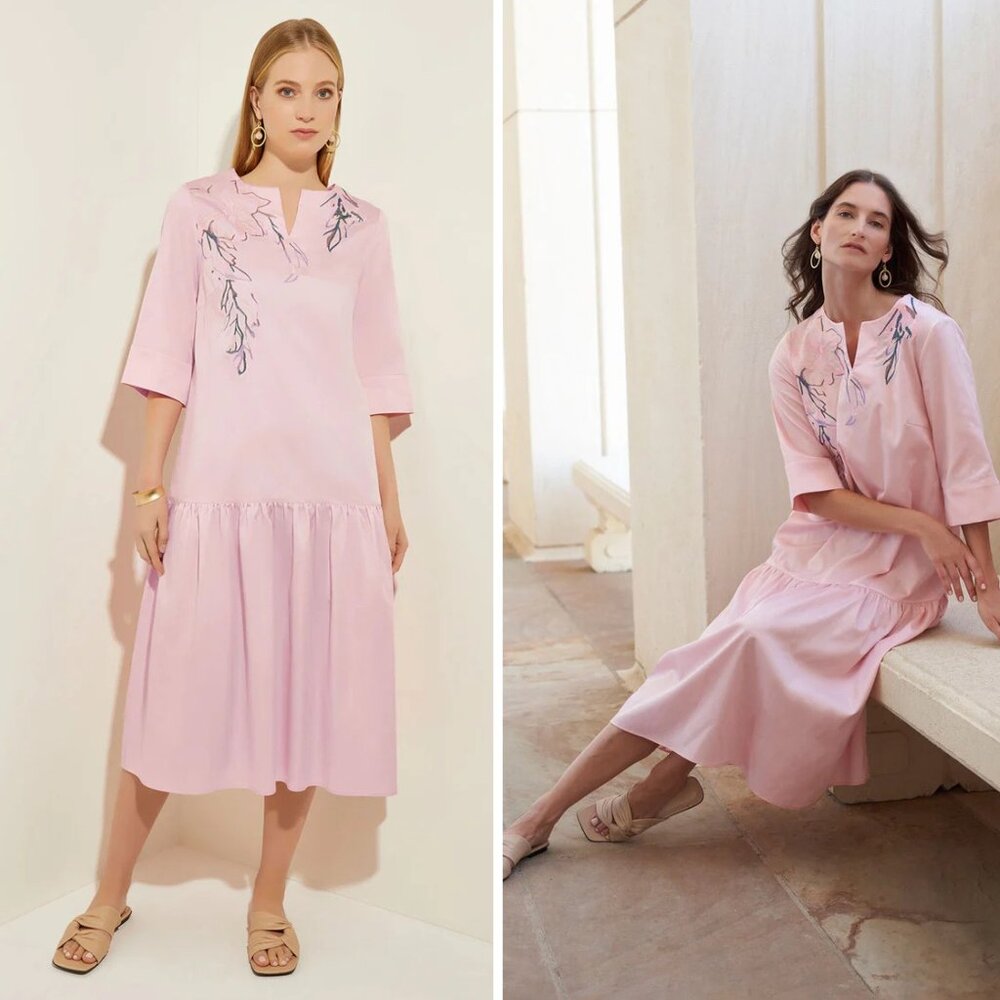 Misook Drop Waist Embroidered Cotton Poplin Dress
